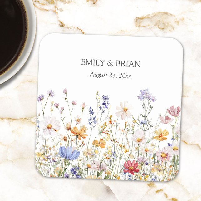 Elegant Monogram Watercolor Colorful Wildflower Square Paper Coaster (In situ)