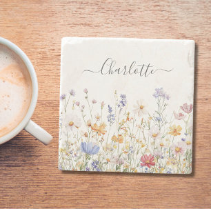 Elegant Monogram Watercolor Colorful Wildflower Stone Coaster
