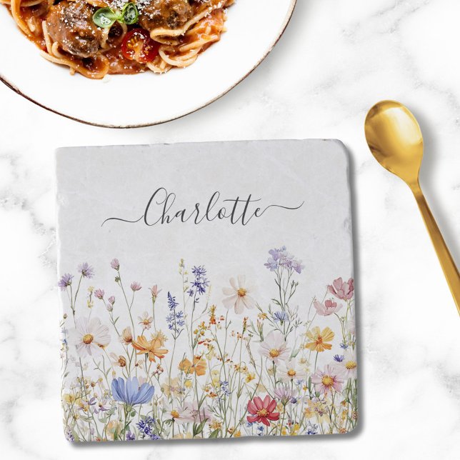 Elegant Monogram Watercolor Colorful Wildflower Trivet (In situ)