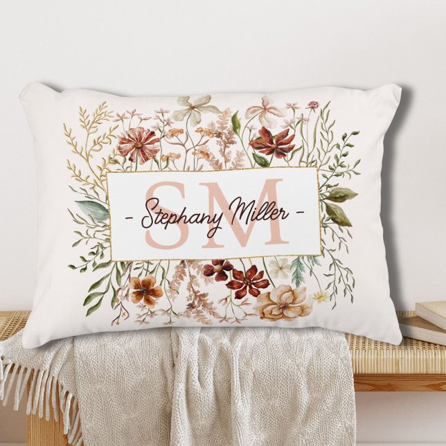 Elegant Monogram Watercolor Fall Wildflower Floral Accent Pillow (In situ)