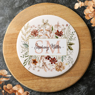 Elegant Monogram Watercolor Fall Wildflower Floral Button