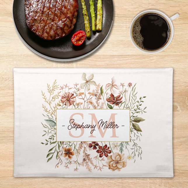 Elegant Monogram Watercolor Fall Wildflower Floral Cloth Placemat (In situ)