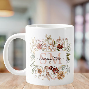 Elegant Monogram Watercolor Fall Wildflower Floral Giant Coffee Mug