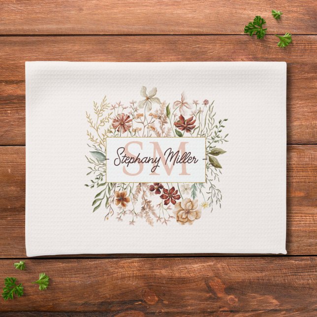 Elegant Monogram Watercolor Fall Wildflower Floral Kitchen Towel (In situ)