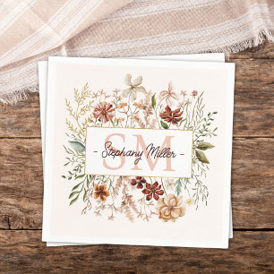 Elegant Monogram Watercolor Fall Wildflower Floral Napkins