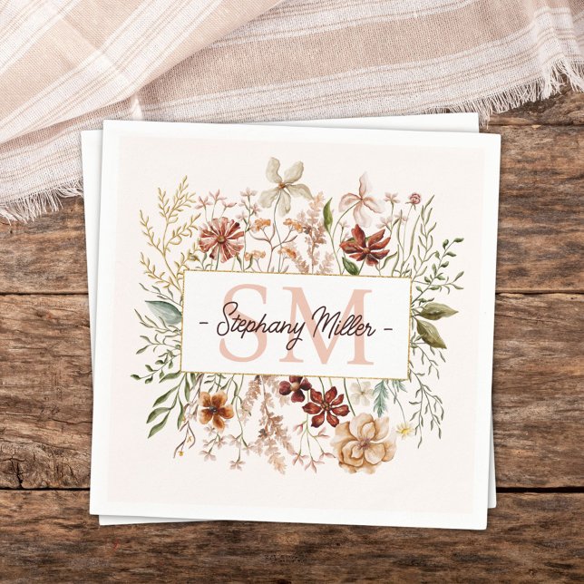 Elegant Monogram Watercolor Fall Wildflower Floral Napkins (In situ)