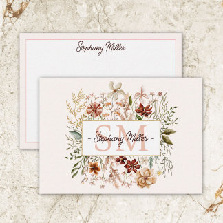 Elegant Monogram Watercolor Fall Wildflower Floral Note Card