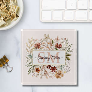 Elegant Monogram Watercolor Fall Wildflower Floral Paperweight