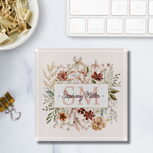 Elegant Monogram Watercolor Fall Wildflower Floral Paperweight (In situ)