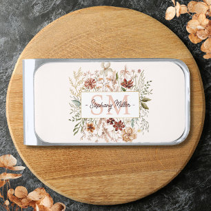 Elegant Monogram Watercolor Fall Wildflower Floral Silver Finish Money Clip