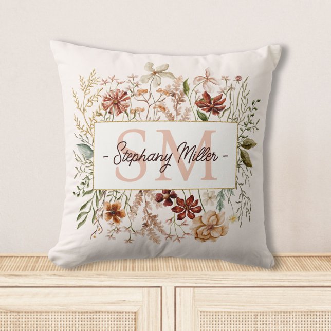 Elegant Monogram Watercolor Fall Wildflower Floral Throw Pillow (In situ)
