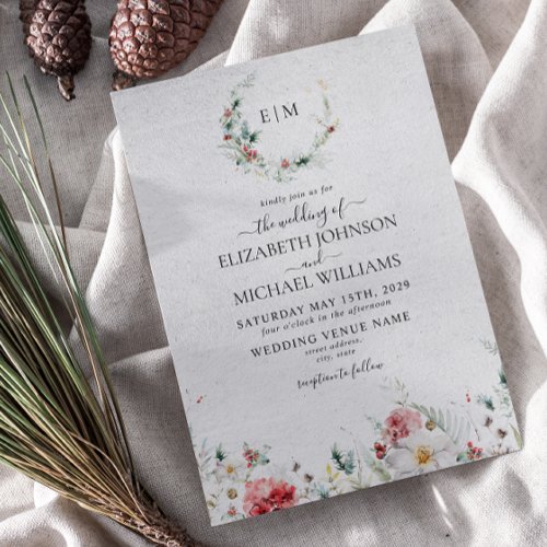 Elegant Monogram Watercolor Floral Winter Wedding  Invitation
