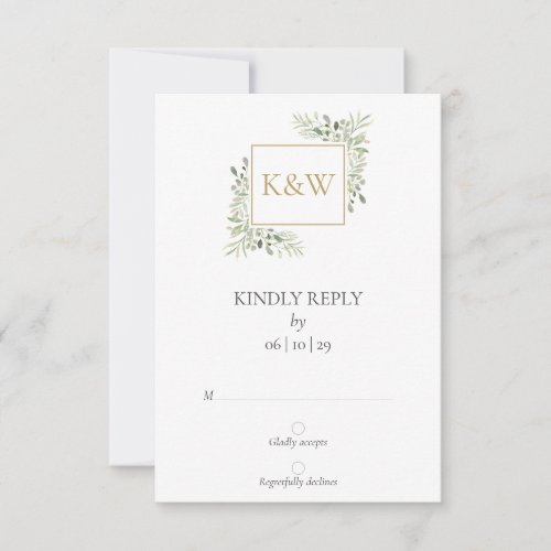 Elegant Monogram Watercolor Greenery Wedding RSVP Card