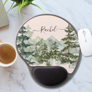 Elegant Monogram Watercolor Pine Forest Mountain Gel Mouse Pad