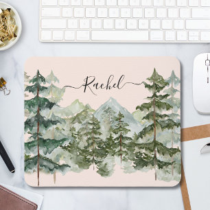 Elegant Monogram Watercolor Pine Forest Mountain Mouse Pad