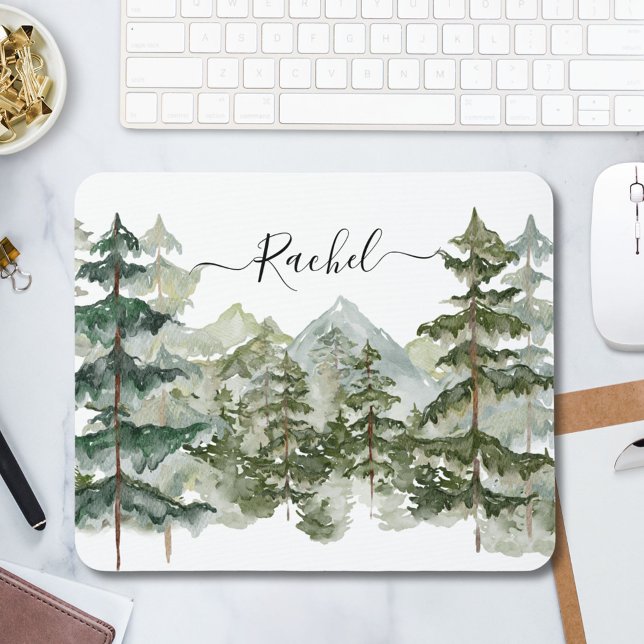 Elegant Monogram Watercolor Pine Forest Mountain Mouse Pad (In situ)