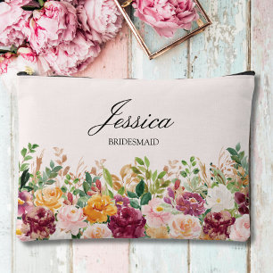 Elegant Monogram Watercolor Rose Flower Bridesmaid Accessory Pouch