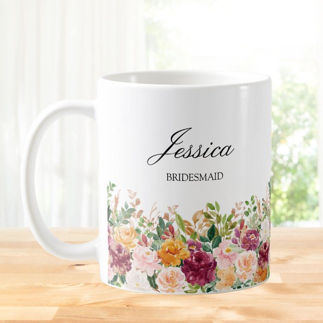 Elegant Monogram Watercolor Rose Flower Bridesmaid Coffee Mug (In situ)