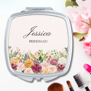 Elegant Monogram Watercolor Rose Flower Bridesmaid Compact Mirror