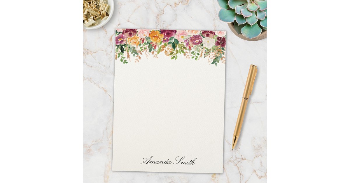 Rust Roses Letter Head Elegant Monogram Watercolor Rose Flower Garden Letterhead | Zazzle