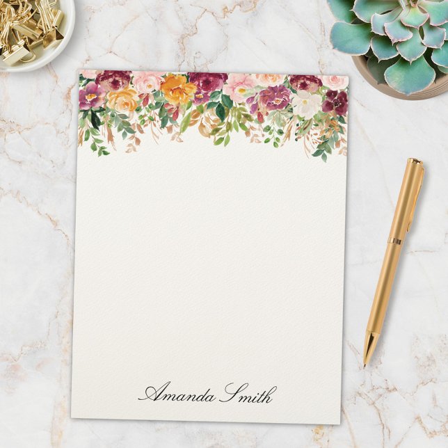 Elegant Monogram Watercolor Rose Flower Garden Letterhead (In situ)