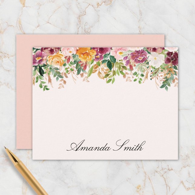Elegant Monogram Watercolor Rose Flower Garden Note Card (In situ)