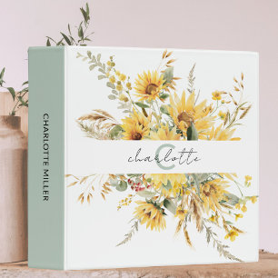 Elegant Monogram Watercolor Sunflower Bouquet 3 Ring Binder