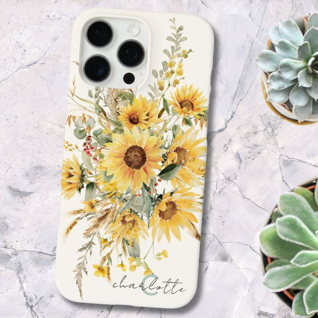 Elegant Monogram Watercolor Sunflower Bouquet Case-Mate iPhone Case (In situ)