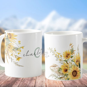 Elegant Monogram Watercolor Sunflower Bouquet Coffee Mug