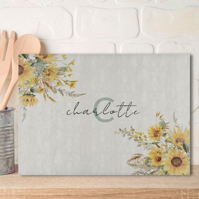 Elegant Monogram Watercolor Sunflower Bouquet Cutting Board (In situ)