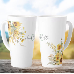 Elegant Monogram Watercolor Sunflower Bouquet Latte Mug