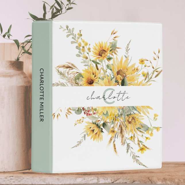 Elegant Monogram Watercolor Sunflower Bouquet Mini Binder (In situ)