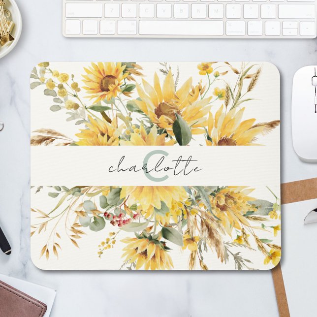 Elegant Monogram Watercolor Sunflower Bouquet Mouse Pad (In situ)