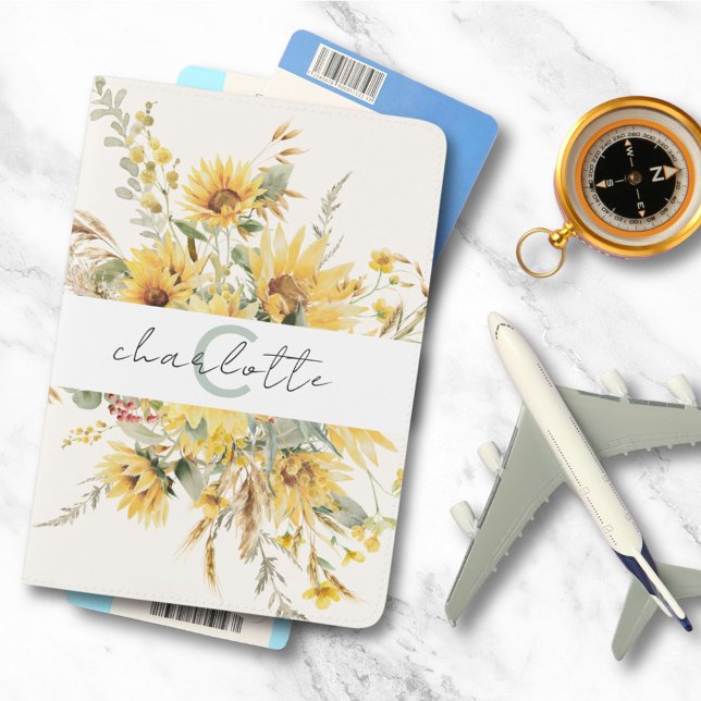 Elegant Monogram Watercolor Sunflower Bouquet Passport Holder (In situ)