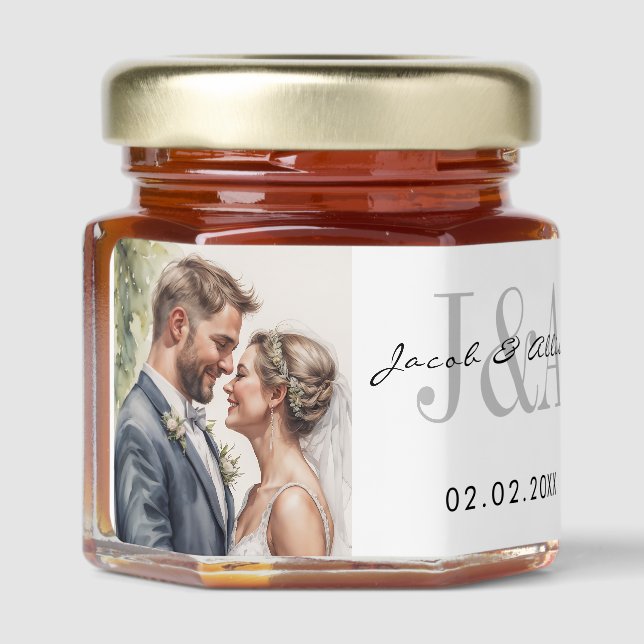 Elegant Monogram watercolour Wedding couples names Honey Jar Favors (Left)