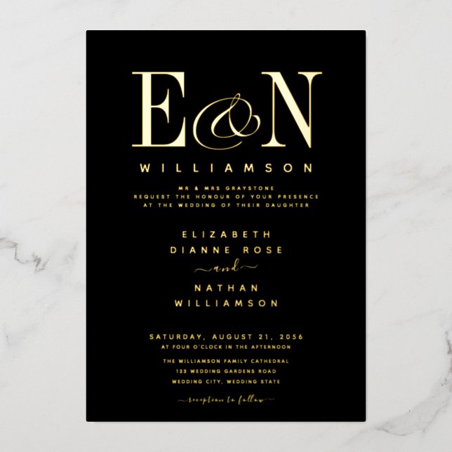 Elegant Monogram Wedding Black Gold Foil Invitation (Front)