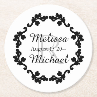 Elegant monogram wedding black white gray round paper coaster