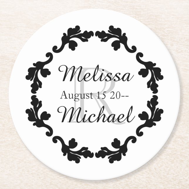 Elegant monogram wedding black white gray round paper coaster (Front)