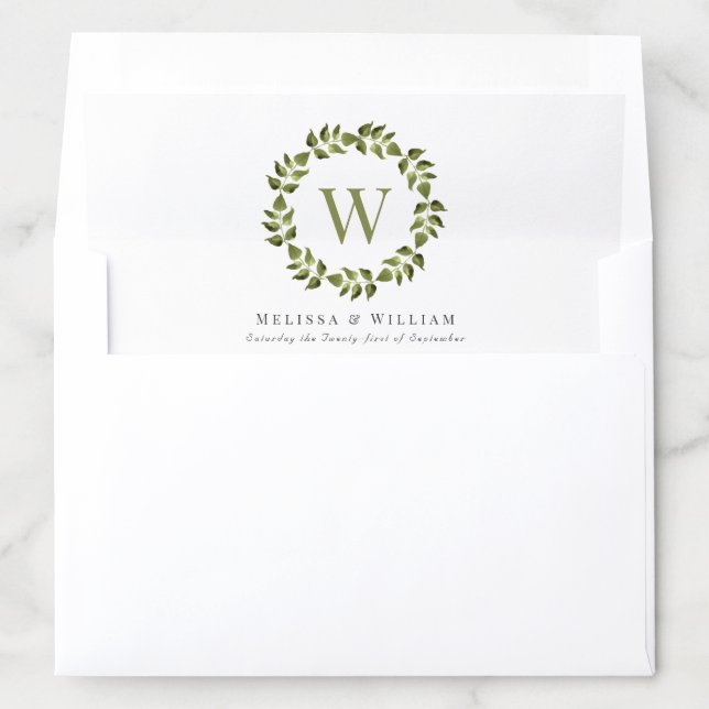 Elegant Monogram Wedding Botanical Green Wreath Envelope Liner (In Envelope)