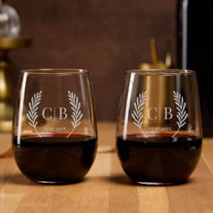Elegant Monogram Wedding Bride and Groom Custom Stemless Wine Glass