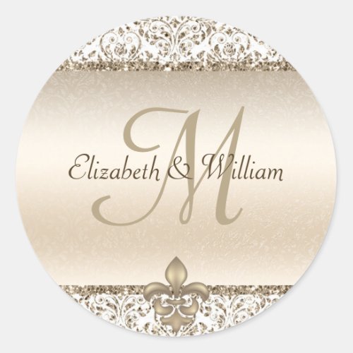Elegant Monogram Wedding Champagne Fleur de Lis Classic Round Sticker