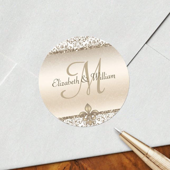 Elegant Monogram Wedding Champagne Fleur de Lis Classic Round Sticker (Creator Uploaded)