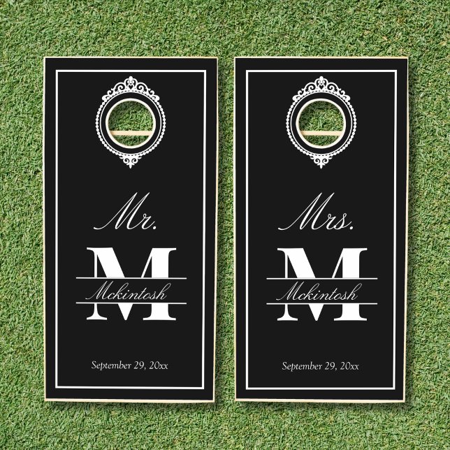 Elegant Monogram Wedding Cornhole Set (elegant black and white mr and mrs wedding monogram cornhole set for wedding reception party games)