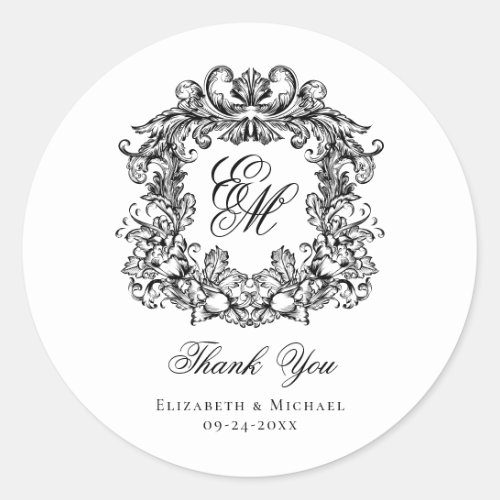 Elegant Monogram Wedding Crest Thank You Classic Round Sticker