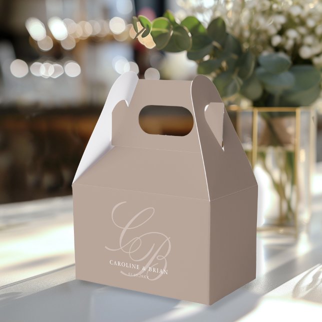 Elegant, Monogram, Wedding  Favor Boxes (Elegant, Monogram, Wedding Favor Boxes with your name and date. Mocha Mousse-Light-Brown.)
