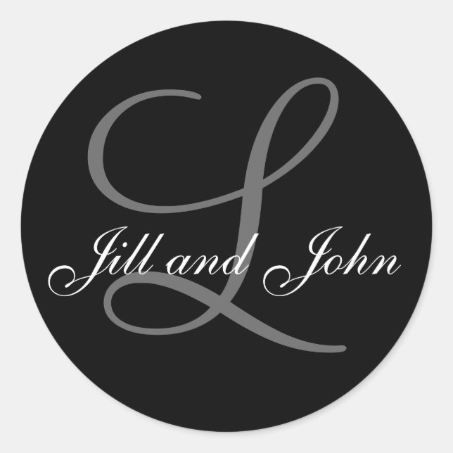 Elegant Monogram Wedding Favor Stickers with Names (Front)