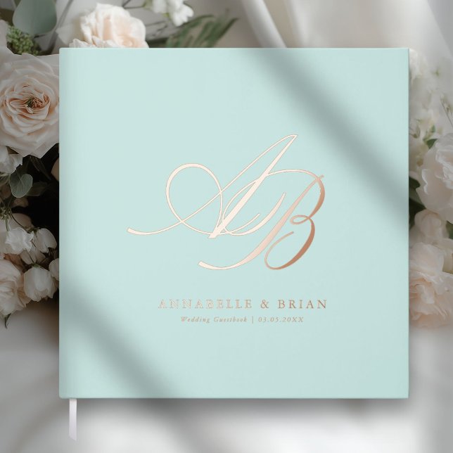 Elegant, Monogram, Wedding  Foil Guest Book (Pale Pistachio, Monogram, Scripted Font, Foil Wedding Guest Book. )