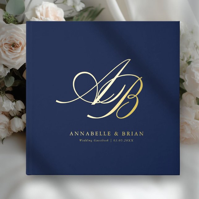 Elegant, Monogram, Wedding  Foil Guest Book (Blue, Monogram, Scripted Font, Foil Wedding Guest Book. )