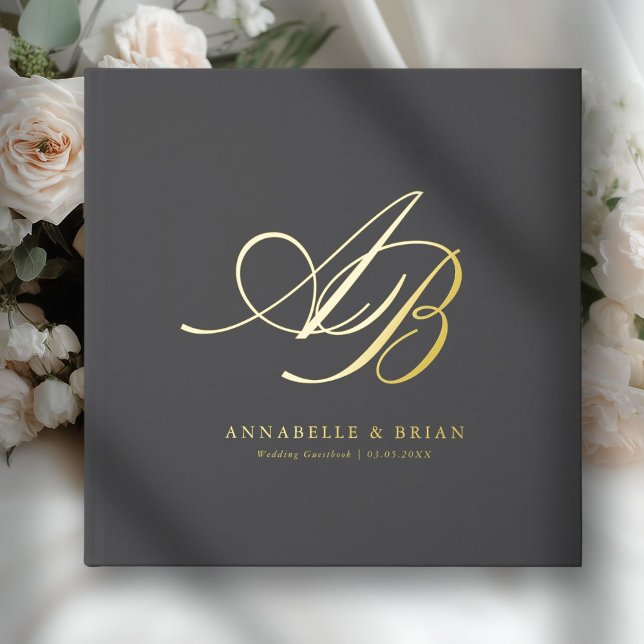 Elegant, Monogram, Wedding  Foil Guest Book (Gray, Monogram, Scripted Font, Foil Wedding Guest Book. )