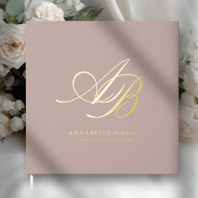 Elegant, Monogram, Wedding  Foil Guest Book (Dusty Mauve, Monogram, Scripted Font, Foil Wedding Guest Book. )
